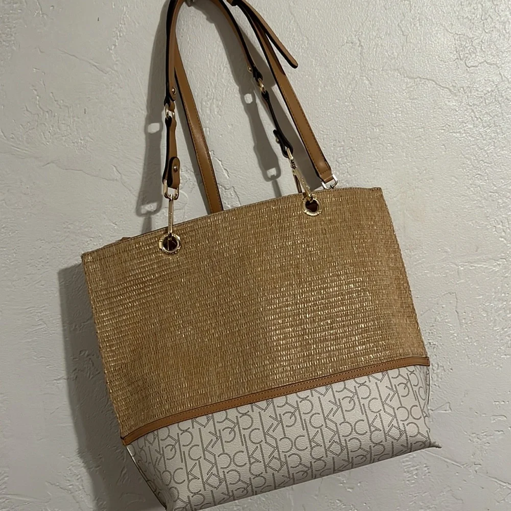 Calvin Klein Beige Straw Tote with Ivory CK Logo Panel